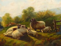 19th.C.ENGLISH SCHOOL. SHEEP IN A NORTH COUNTRY LANDSCAPE, OIL ON CANVAS. 50 x 76cms.