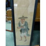 A PAIR OF CHINESE PAINTINGS ON SILK OF FISHERMEN WITHIN BLACK FRAMES. 100 x 30cms.