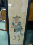 A PAIR OF CHINESE PAINTINGS ON SILK OF FISHERMEN WITHIN BLACK FRAMES. 100 x 30cms.