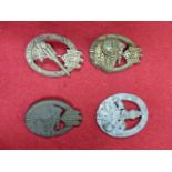 TWO THIRD REICH TANK BATTLE BADGES, PARTISAN BADGE AND AN ANTI-AIRCRAFT BADGE. (4)