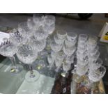 A COLLECTION OF WATERFORD CUT CRYSTAL GLASSWARE TO INCLUDE TEN HOCKS, SIX LIQUEURS, SIX SHERRY AND
