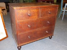 A 19TH CENTURY OAK CHEST OF TWO SHORT AND TWO LONG DRAWERS ON TURNED FEET. 94 x 52.5 x H.87cms.