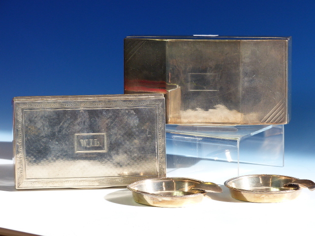 TWO SILVER MOUNTED CIGARETTE BOXES, ONE INSCRIBED 1934 WITH WORN HALLMARKS, THE OTHER B'HAM 1947 - Image 7 of 16