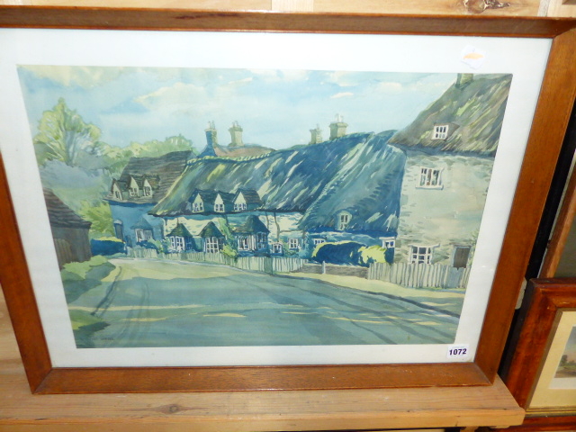 FRED SAWYER. 20th.C.ENGLISH SCHOOL. ARR. THATCHED COTTAGES, SIGNED WATERCOLOUR. 37.5 x 53.5cms.