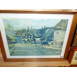 FRED SAWYER. 20th.C.ENGLISH SCHOOL. ARR. THATCHED COTTAGES, SIGNED WATERCOLOUR. 37.5 x 53.5cms.