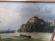 PERRIN. LATE 19th.C.CONTINENTAL SCHOOL. A PAIR OF COASTAL VIEWS WITH DISTANT SAIL BOATS, OIL ON