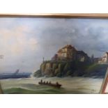 PERRIN. LATE 19th.C.CONTINENTAL SCHOOL. A PAIR OF COASTAL VIEWS WITH DISTANT SAIL BOATS, OIL ON