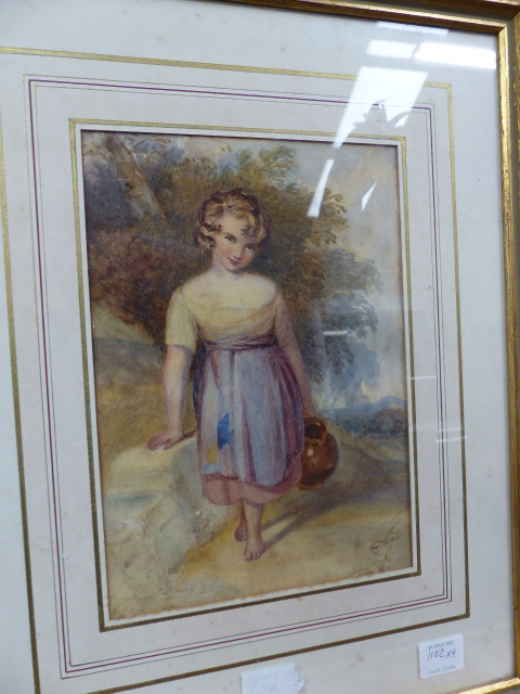 A GROUP OF FOUR 19th.C.WATERCOLOURS, TWO BEACH SCENES, A PORTRAIT OF A GIRL AND A BOTANICAL STUDY. - Image 5 of 14