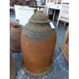 A TERRACOTTA BELL SHAPED RHUBARB FORCER AND COVER STAMPED WYCHFORD POTTERIES. H.69cms.