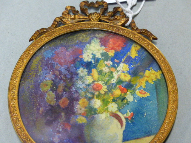 DAY, A MINIATURE WATERCOLOUR OF A JUG OF FLOWERS, WITHIN RIBBON TOPPED GILT METAL FRAME. Dia.8. - Image 2 of 6