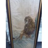 AN ORIENTAL SILKWORK PICTURE OF A GROWLING LION STANDING BY A ROCK FACE, WITHIN GILT AND EBONISED