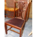 A SET OF SIX CARVED MAHOGANY LATE GEORGIAN CHIPPENDALE DESIGN DINING CHAIRS WITH GOTHIC REVIVAL BACK