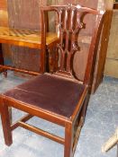 A SET OF SIX CARVED MAHOGANY LATE GEORGIAN CHIPPENDALE DESIGN DINING CHAIRS WITH GOTHIC REVIVAL BACK