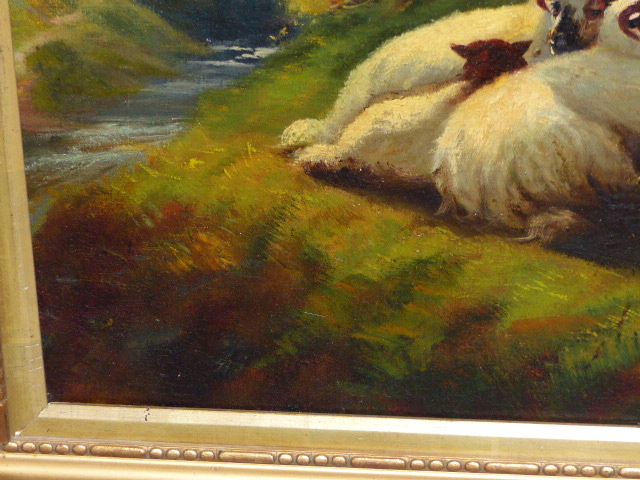 19th.C.ENGLISH SCHOOL. SHEEP IN A NORTH COUNTRY LANDSCAPE, OIL ON CANVAS. 50 x 76cms. - Image 4 of 10