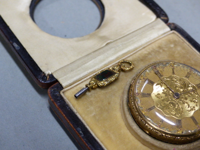 A 19th.C.18ct. GOLD OPEN FACE WATCH WITH BLOODSTONE MOUNTED KEY IN A LEATHER EASEL BACKED TRAVEL - Image 5 of 12