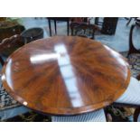A VICTORIAN FLAME MAHOGANY CIRCULAR BREAKFAST TABLE, THE TOP WITH VENEERS RADIATING ABOVE THE COLUMN