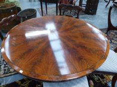 A VICTORIAN FLAME MAHOGANY CIRCULAR BREAKFAST TABLE, THE TOP WITH VENEERS RADIATING ABOVE THE COLUMN