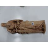 A CARVED RED SANDSTONE FIGURE OF ST PETER STANDING WITH SWORD 52 CM HIGH.