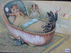 LOUIS WAIN. (1860-1939) ARR. KITTENS IN THE PLAYROOM, SIGNED WATERCOLOUR. 37 x 55cms.