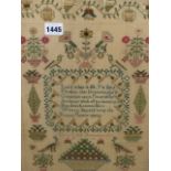 MARY LOCK, HER 1882 SILKWORK SAMPLER WORKED IN BLUE WITH A VERSE ENCLOSED BY BIRDS, FLOWERS AND A