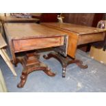 AN INTERESTING EARLY VICTORIAN MAHOGANY DINING TABLE COMPRISING TWO DROP LEAF SECTIONS EACH WITH