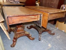 AN INTERESTING EARLY VICTORIAN MAHOGANY DINING TABLE COMPRISING TWO DROP LEAF SECTIONS EACH WITH