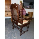 A 17th.C.AND LATER COLONIAL DUTCH HARDWOOD CAROLEAN SINGLE ARMCHAIR WITH TAPESTRY SEAT CUSHION.