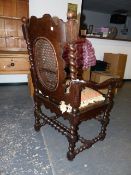 A 17th.C.AND LATER COLONIAL DUTCH HARDWOOD CAROLEAN SINGLE ARMCHAIR WITH TAPESTRY SEAT CUSHION.