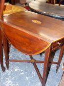 A MAHOGANY OVAL PEMBROKE TABLE CENTRALLY INLAID WITH AN OVAL PATERA WITHIN SATINWOOD CROSS
