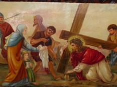 20th.C.SCHOOL. CHRIST CARRYING THE CROSS, SIGNED HALLEL, OIL ON CANVAS. 77 x 200cms.