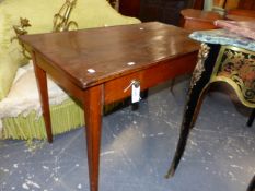 A FRUITWOOD TABLE, THE CLEATED TWO PLANK RECTANGULAR TOP OVER A SINGLE DRAWER AND TAPERING SQUARE