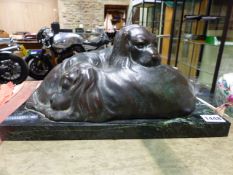 PAULINE BOUMPHREY. 1886-1959, BRONZE GROUP OF TWO SLEEPING SPANIEL PUPPIES ON RECTANGULAR POLISHED