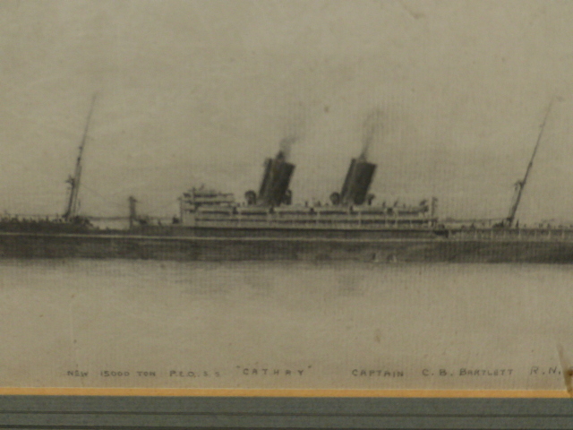 EARLY 20th.C.ENGLISH SCHOOL. THE P & O STEAM SHIP CATHAY, PENCIL DRAWING. 14 x 26cms TOGETHER WITH