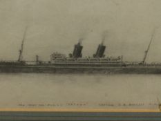 EARLY 20th.C.ENGLISH SCHOOL. THE P & O STEAM SHIP CATHAY, PENCIL DRAWING. 14 x 26cms TOGETHER WITH