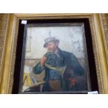 19th.C.GERMAN SCHOOL. THE HORN PLAYER, SIGNED INDISTINCTLY OIL ON PANEL. 28 x 21cms.