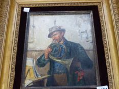 19th.C.GERMAN SCHOOL. THE HORN PLAYER, SIGNED INDISTINCTLY OIL ON PANEL. 28 x 21cms.