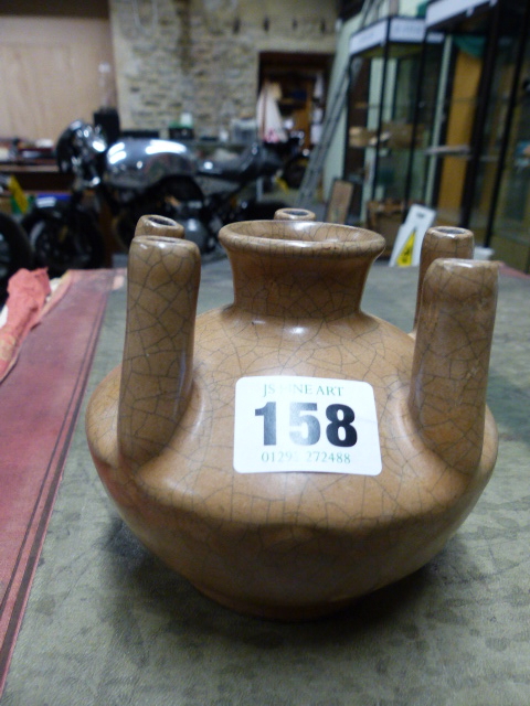 A CHINESE GUAN TYPE CROCUS POT, THE FIVE SPOUTS ON THE SHOULDERS ENCLOSING THE CENTRAL RIM, THE BODY - Image 3 of 5