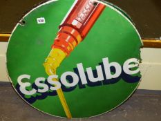 A RARE CIRCULAR ESSOLUBE DOUBLE SIDED ADVERTISING ENAMEL SIGN. Dia.66cms.