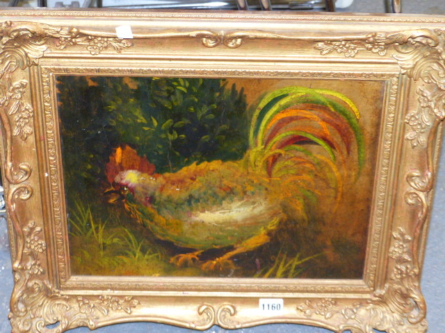 19th/20th.C.SCHOOL. THE COCKEREL, OIL ON LEATHER LAID DOWN. 30 x 40cms. - Image 2 of 6