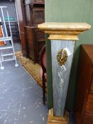 A PAIR OF MARBLE TOPPED GREY MOTTLED GREEN TAPERING SQUARE SECTIONED PEDESTALS APPLIED WITH ORMOLU