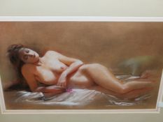 COLIN FROOMS. (1933-2017) ARR. RECLINING NUDE WITH FLOWER, SIGNED PASTEL, FRAMED AND GLAZED. 53 x