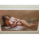 COLIN FROOMS. (1933-2017) ARR. RECLINING NUDE WITH FLOWER, SIGNED PASTEL, FRAMED AND GLAZED. 53 x