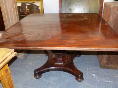 A MAHOGANY RECTANGULAR TOPPED BREAKFAST TABLE ON OCTAGONAL BALUSTER COLUMN, QUADRIPARTITE PLINTH