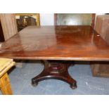 A MAHOGANY RECTANGULAR TOPPED BREAKFAST TABLE ON OCTAGONAL BALUSTER COLUMN, QUADRIPARTITE PLINTH