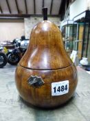 A TREEN PEAR SHAPED TEA CADDY WITH LOCK AND KEY. H.19cms.