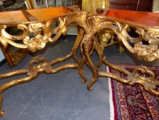 A PAIR OF LOUIS XV STYLE GILT ROUGE MARBLE TOP CONSOLE TABLES, THE SERPENTINE FOLIAGE