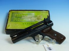 WEBLEY SENIOR AIR PISTOL 0.22 SERIAL No.801 IN ORIGINAL BOX.