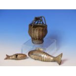 TWO WHITE METAL ARTICULATED FISH JUDAICA, BESAMIM/ SPICE CONTAINERS AND A WIRE WORK BASKET.