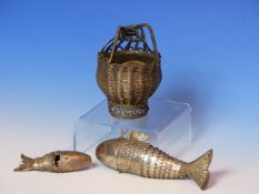 TWO WHITE METAL ARTICULATED FISH JUDAICA, BESAMIM/ SPICE CONTAINERS AND A WIRE WORK BASKET.