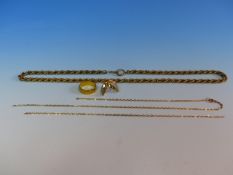 A 9ct GOLD ROPE NECKLACE (LENGTH 54cms) AND A GOLD PENDANT CHAIN, A 9ct GOLD DOUBLE WISHBONE RING
